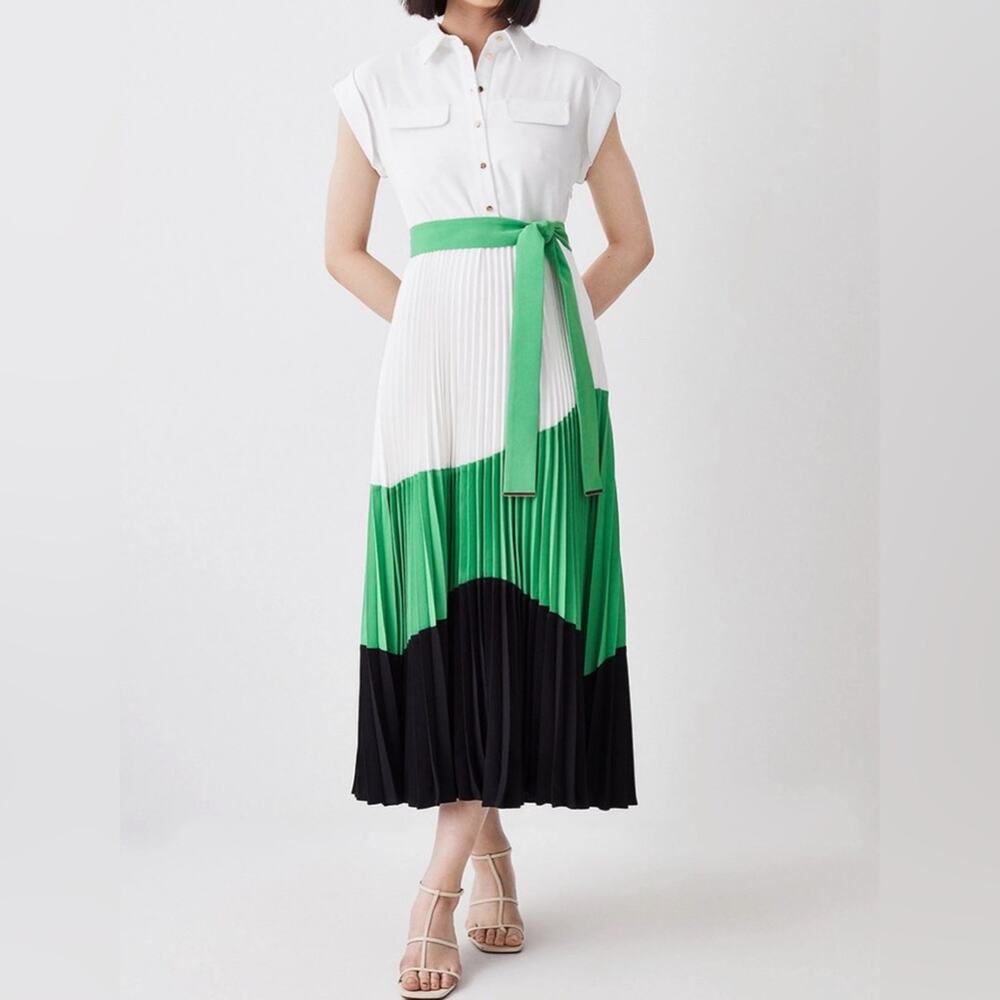 Karen Millen Color Block Pleated Woven Midi Shirt Dress Size: 12